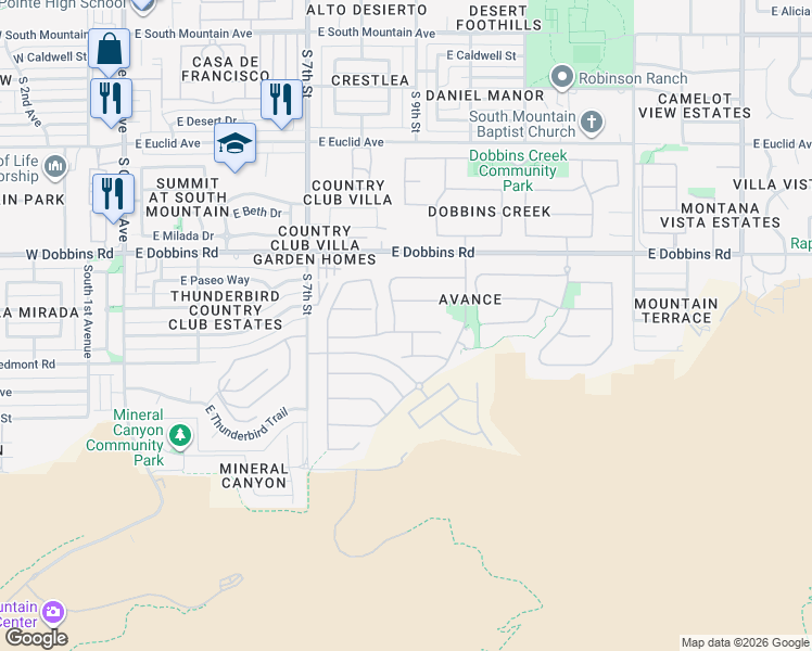 map of restaurants, bars, coffee shops, grocery stores, and more near 921 East La Mirada Drive in Phoenix