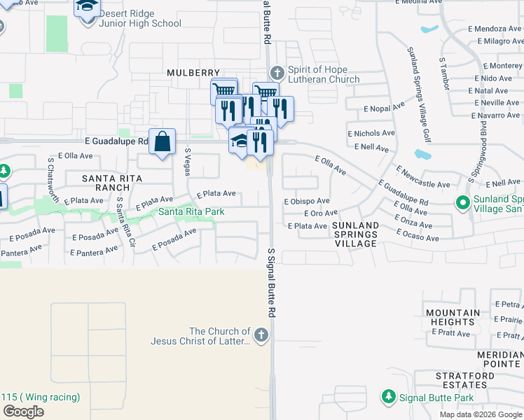 map of restaurants, bars, coffee shops, grocery stores, and more near 10759 East Portobello Avenue in Mesa