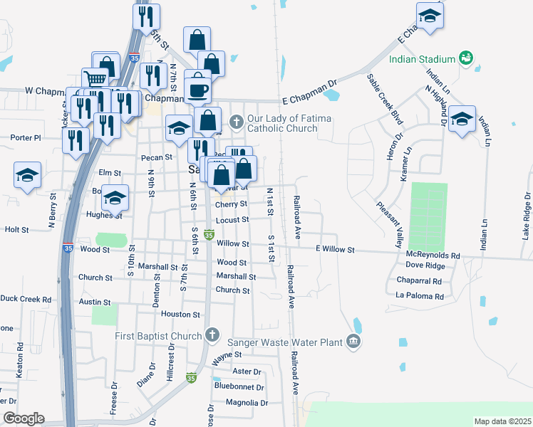 map of restaurants, bars, coffee shops, grocery stores, and more near 104 North 1st Street in Sanger