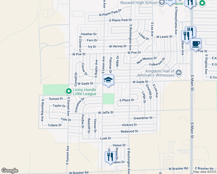 map of restaurants, bars, coffee shops, grocery stores, and more near 910 West Gayle Street in Roswell