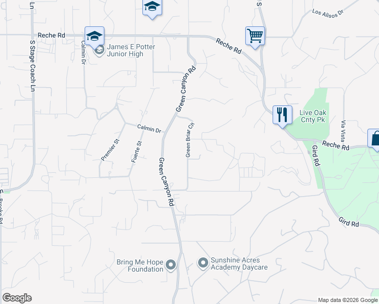 map of restaurants, bars, coffee shops, grocery stores, and more near 1720 Green Briar Circle in Fallbrook