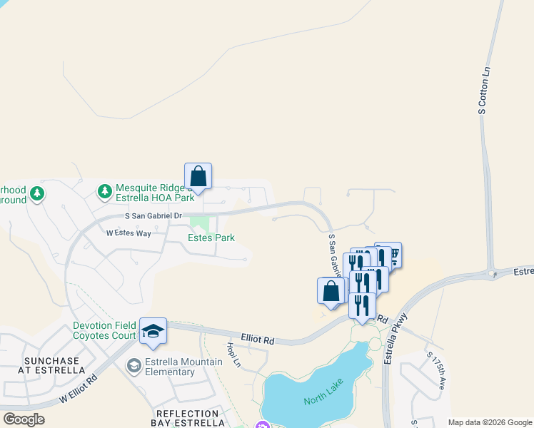 map of restaurants, bars, coffee shops, grocery stores, and more near 9361 South 179th Drive in Goodyear