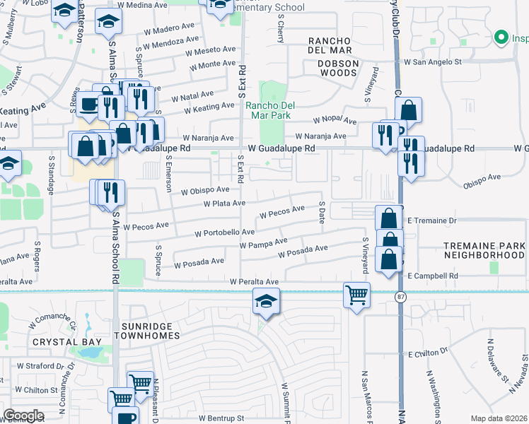 map of restaurants, bars, coffee shops, grocery stores, and more near 743 West Plata Avenue in Mesa