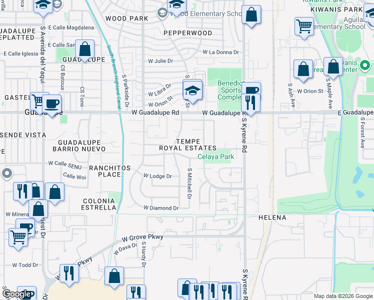 map of restaurants, bars, coffee shops, grocery stores, and more near 720 West Vaughn Street in Tempe