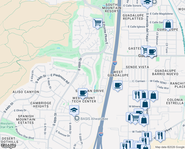 map of restaurants, bars, coffee shops, grocery stores, and more near 9417 South 51st Street in Phoenix