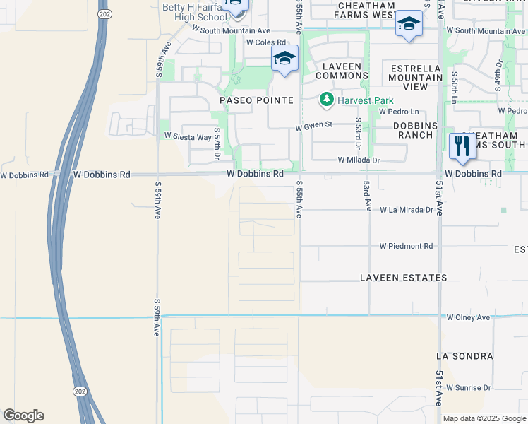 map of restaurants, bars, coffee shops, grocery stores, and more near 5599 West Dobbins Road in Phoenix