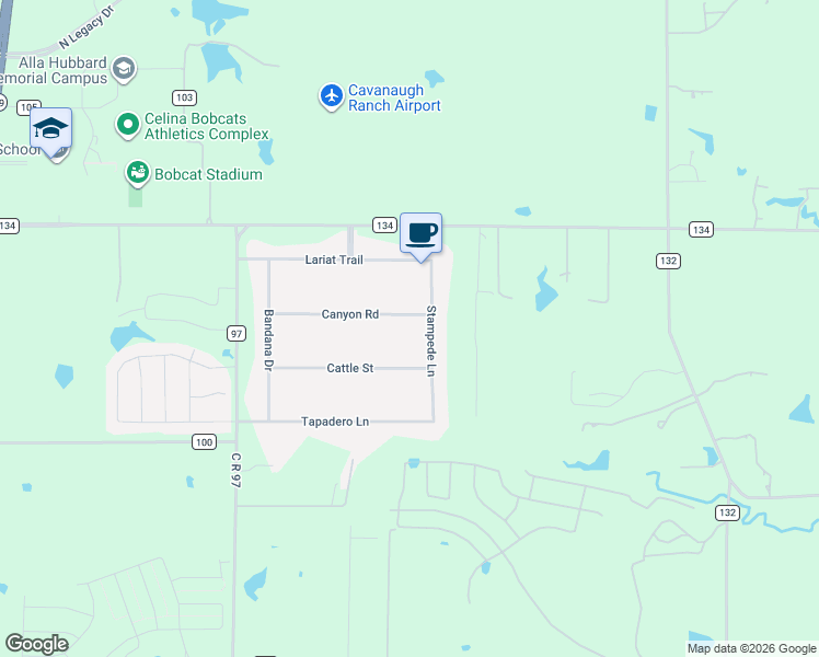 map of restaurants, bars, coffee shops, grocery stores, and more near 2143 Canyon Road in Celina