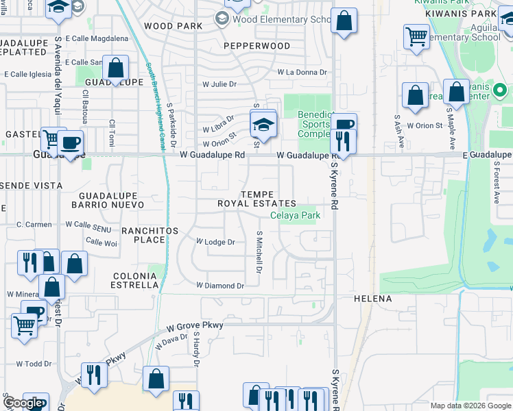 map of restaurants, bars, coffee shops, grocery stores, and more near 720 West Vaughn Street in Tempe