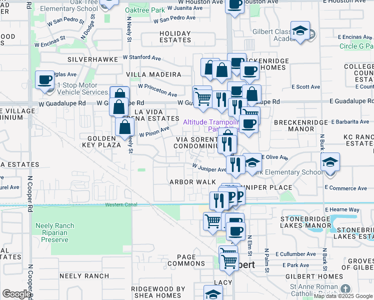 map of restaurants, bars, coffee shops, grocery stores, and more near 199 W Olive Ave in Gilbert