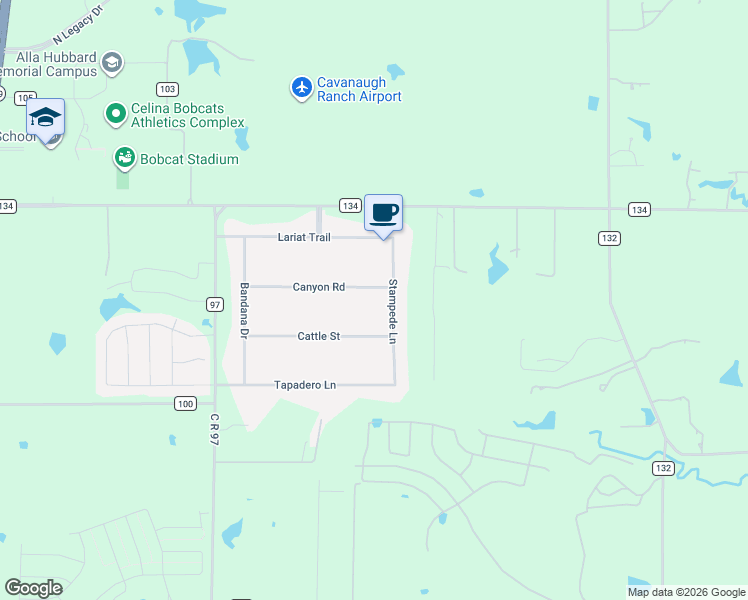 map of restaurants, bars, coffee shops, grocery stores, and more near 2143 Canyon Road in Celina