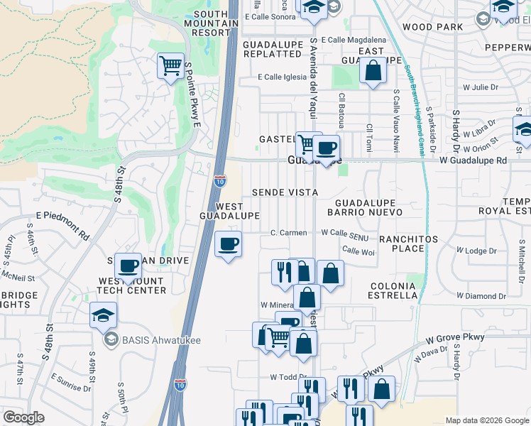map of restaurants, bars, coffee shops, grocery stores, and more near 9407 South Calle Maravilla in Guadalupe