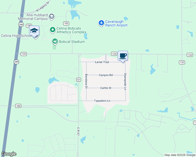 map of restaurants, bars, coffee shops, grocery stores, and more near 1897 Canyon Road in Celina