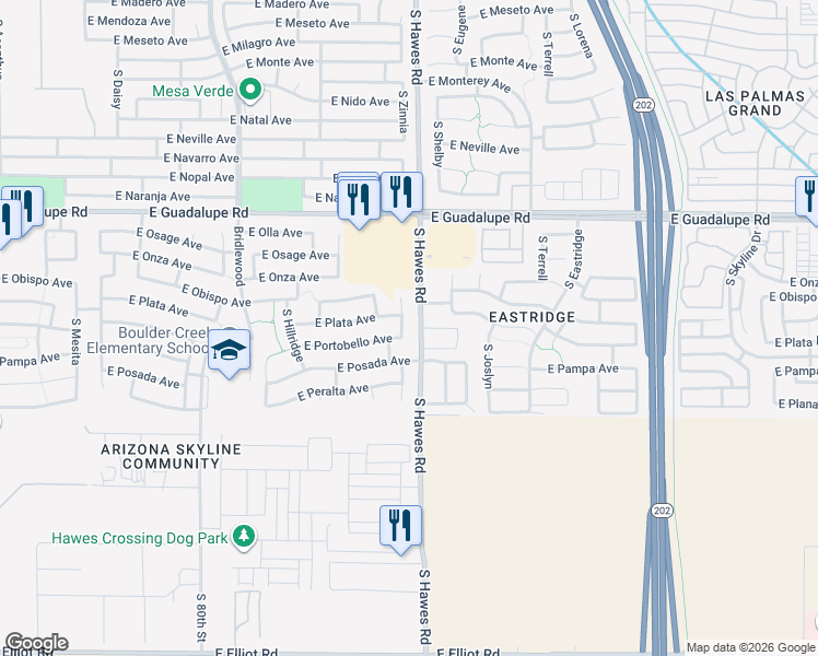 map of restaurants, bars, coffee shops, grocery stores, and more near 3021 South Woodruff in Mesa