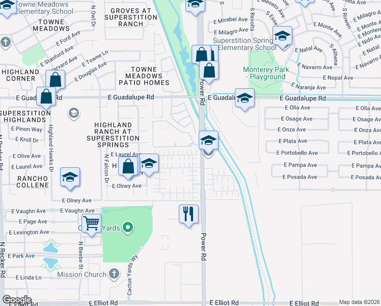 map of restaurants, bars, coffee shops, grocery stores, and more near 4766 East Laurel Court in Gilbert