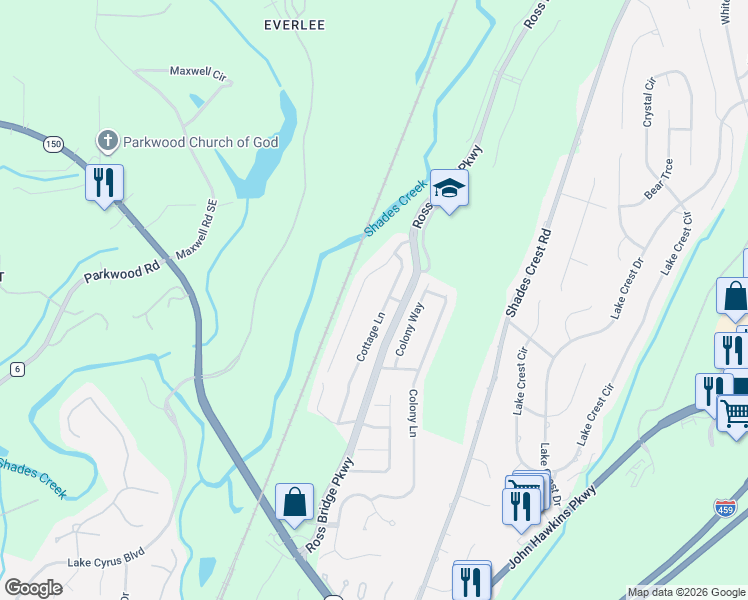 map of restaurants, bars, coffee shops, grocery stores, and more near 5281 Cottage Circle in Birmingham