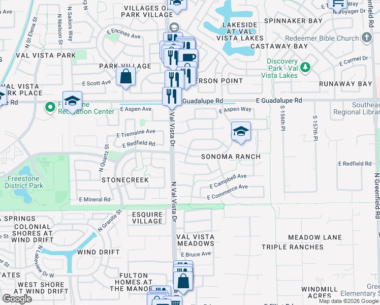 map of restaurants, bars, coffee shops, grocery stores, and more near 1630 East Redfield Road in Gilbert