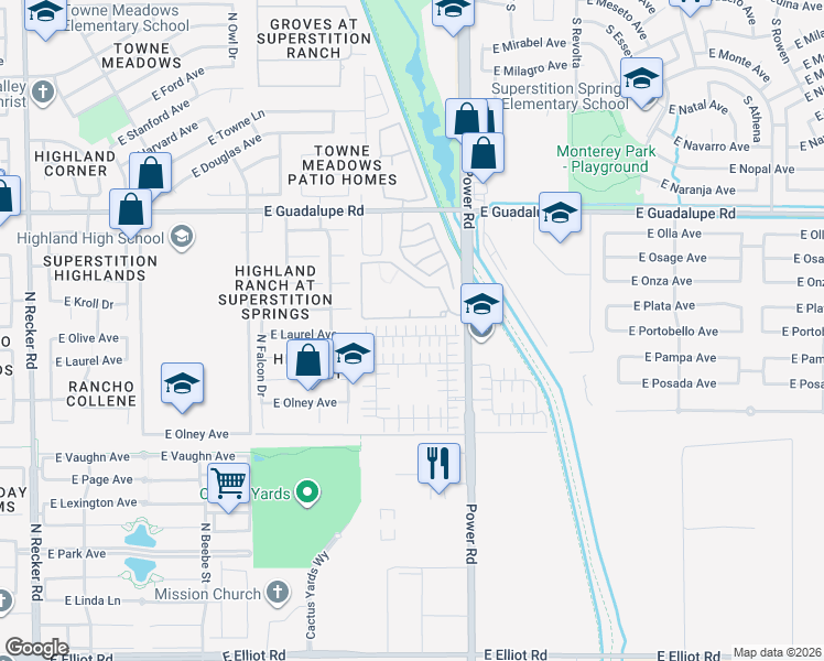 map of restaurants, bars, coffee shops, grocery stores, and more near 4690 East Laurel Avenue in Gilbert