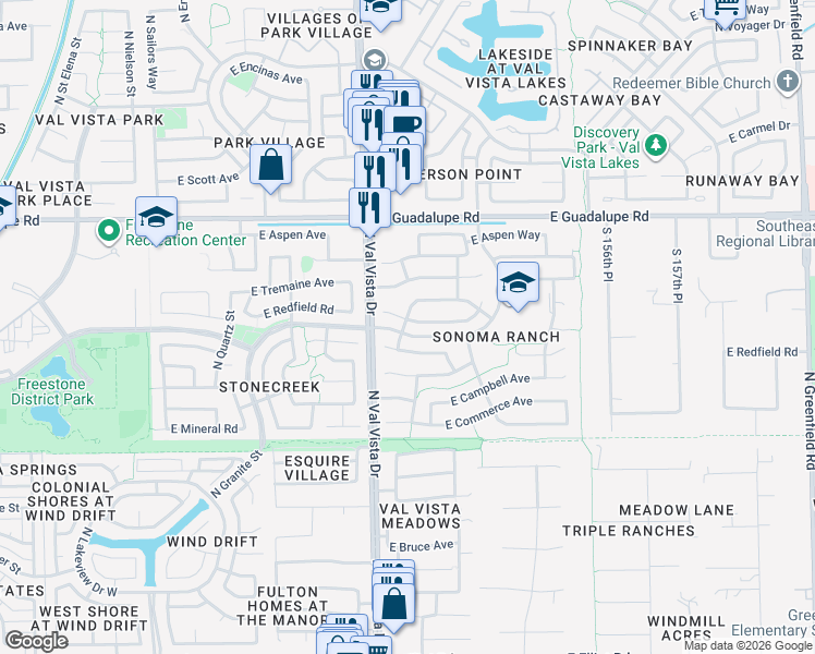map of restaurants, bars, coffee shops, grocery stores, and more near 1630 East Redfield Road in Gilbert