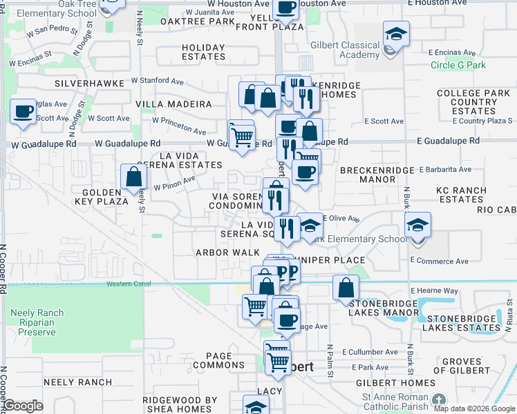 map of restaurants, bars, coffee shops, grocery stores, and more near 636 North Gilbert Road in Gilbert