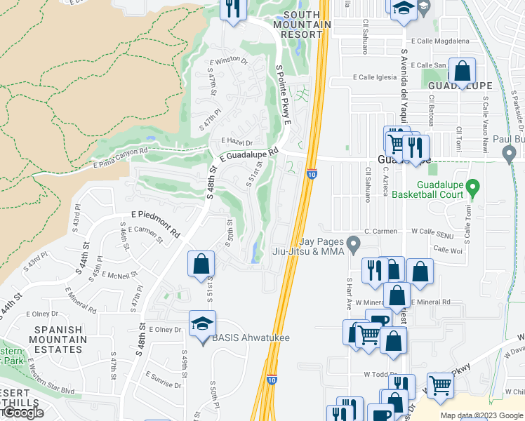 map of restaurants, bars, coffee shops, grocery stores, and more near 9417 South 51st Street in Phoenix