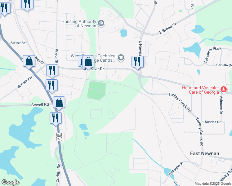 map of restaurants, bars, coffee shops, grocery stores, and more near 11 Fairmont School Road in Newnan