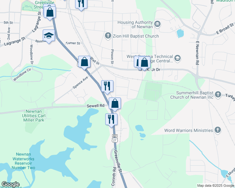 map of restaurants, bars, coffee shops, grocery stores, and more near 32 Haynie Street in Newnan