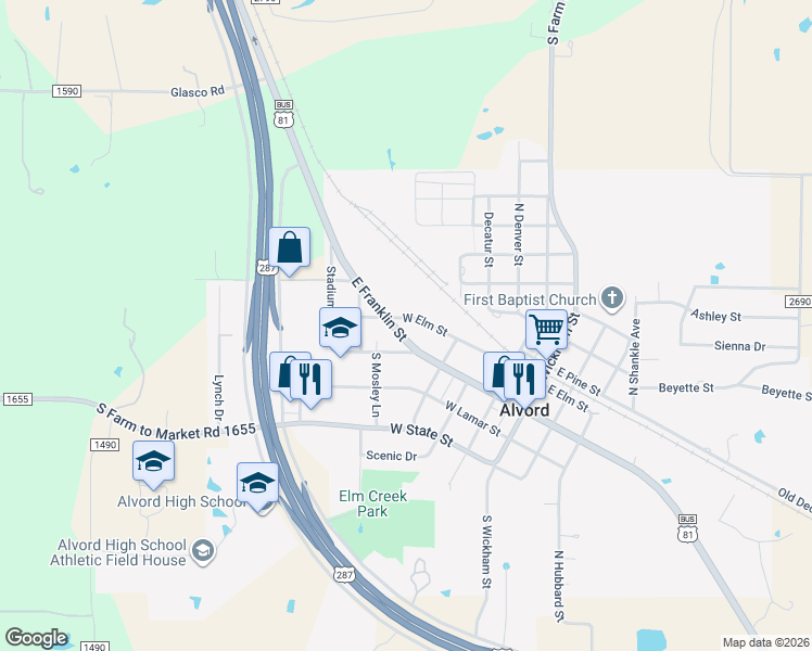 map of restaurants, bars, coffee shops, grocery stores, and more near 500 West Elm Street in Alvord