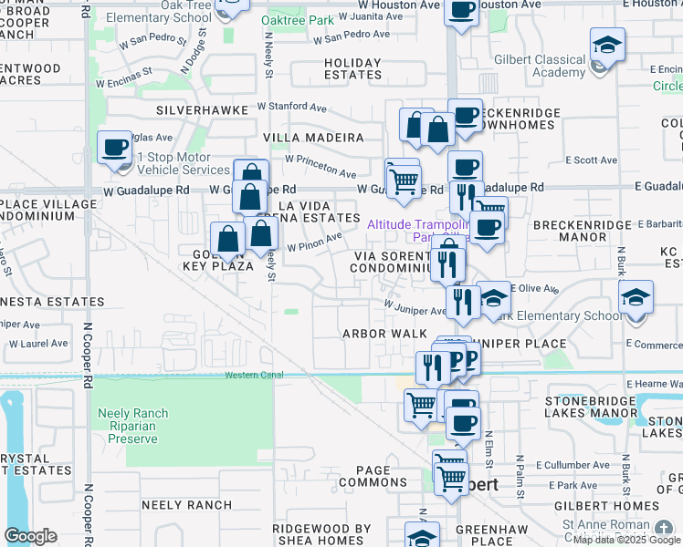 map of restaurants, bars, coffee shops, grocery stores, and more near 250 West Juniper Avenue in Gilbert