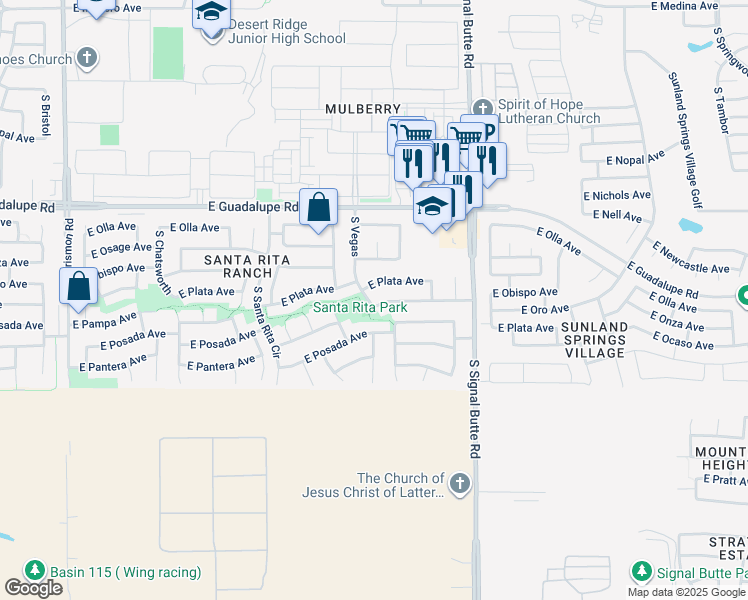 map of restaurants, bars, coffee shops, grocery stores, and more near 10604 East Portobello Avenue in Mesa