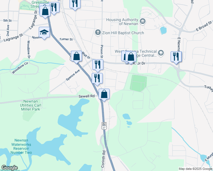 map of restaurants, bars, coffee shops, grocery stores, and more near 32 Haynie Street in Newnan