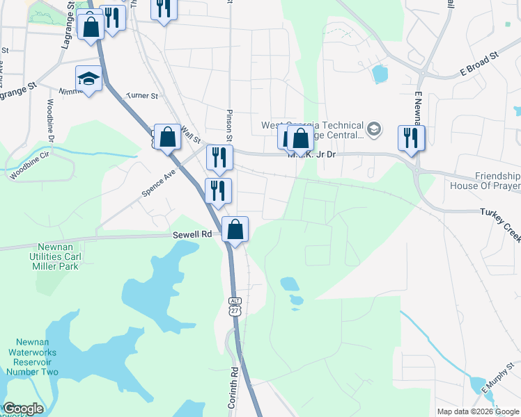 map of restaurants, bars, coffee shops, grocery stores, and more near 19 Landers Street in Newnan
