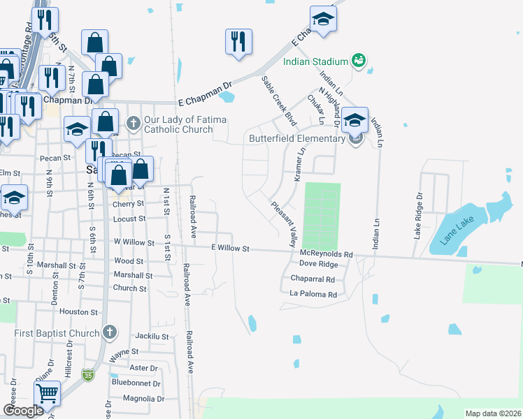 map of restaurants, bars, coffee shops, grocery stores, and more near 33 Pleasant Valley in Sanger