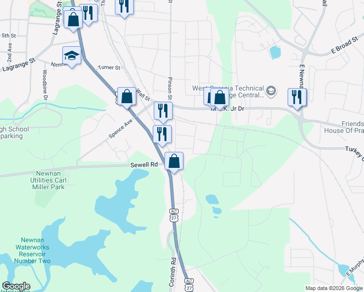 map of restaurants, bars, coffee shops, grocery stores, and more near 24 Haynie Street in Newnan
