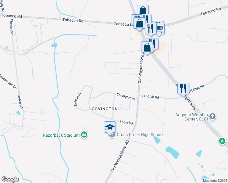 map of restaurants, bars, coffee shops, grocery stores, and more near 1823 Covington Place in Augusta