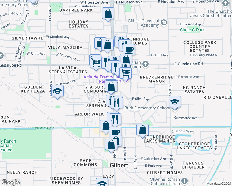 map of restaurants, bars, coffee shops, grocery stores, and more near 657 North Gilbert Road in Gilbert
