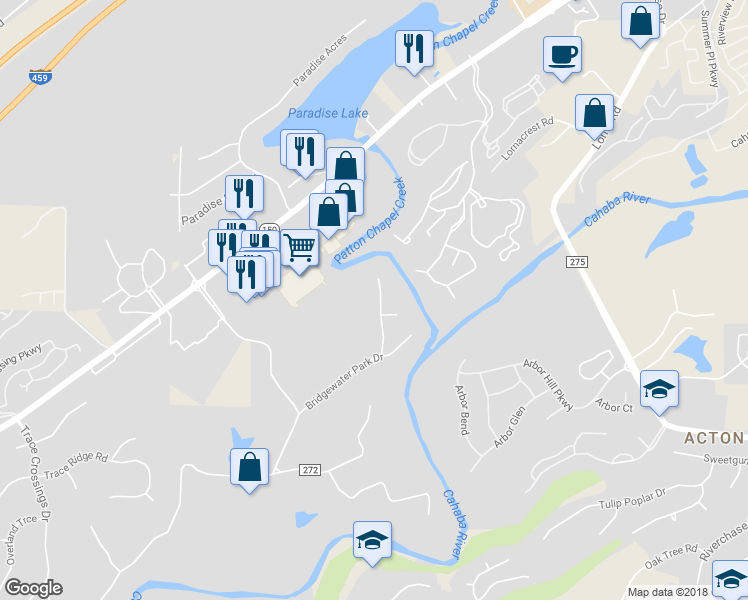 map of restaurants, bars, coffee shops, grocery stores, and more near 1540 Bridgewater Lane in Birmingham