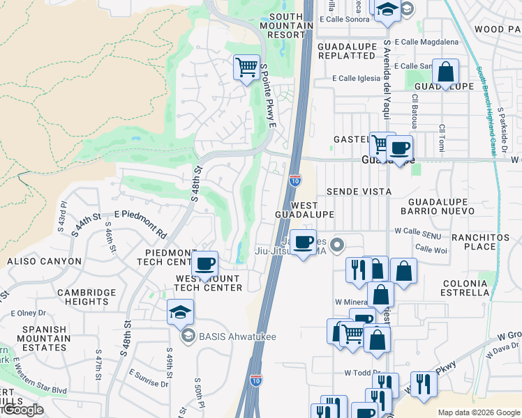 map of restaurants, bars, coffee shops, grocery stores, and more near 5151 East Guadalupe Road in Phoenix