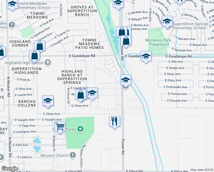 map of restaurants, bars, coffee shops, grocery stores, and more near 4690 East Laurel Avenue in Gilbert