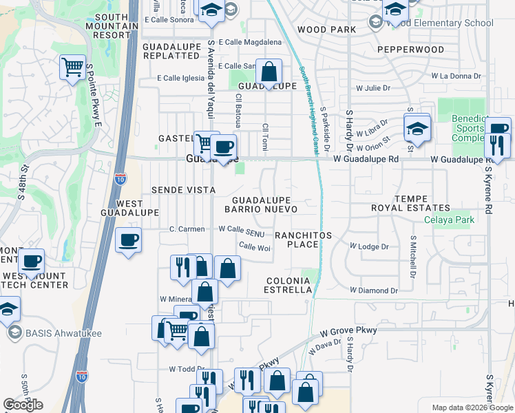 map of restaurants, bars, coffee shops, grocery stores, and more near 5805 East Calle Fortunato Serrano in Tempe