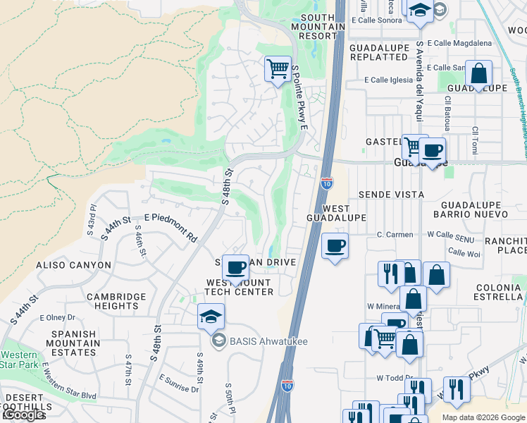 map of restaurants, bars, coffee shops, grocery stores, and more near 9417 South 51st Street in Phoenix