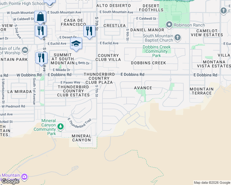 map of restaurants, bars, coffee shops, grocery stores, and more near 830 East Hopi Trail in Phoenix