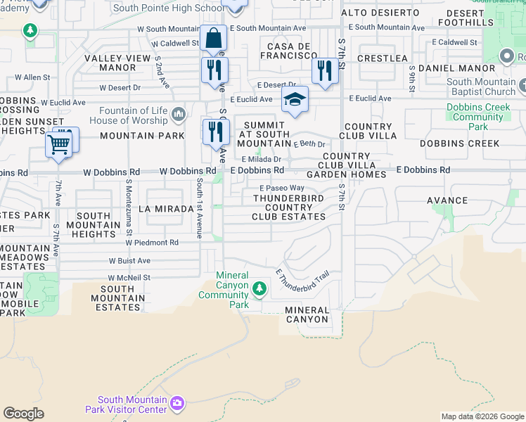 map of restaurants, bars, coffee shops, grocery stores, and more near 121 East La Mirada Drive in Phoenix