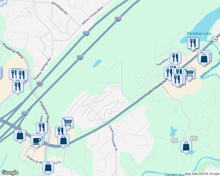 map of restaurants, bars, coffee shops, grocery stores, and more near 479 Scenic View Lane in Birmingham