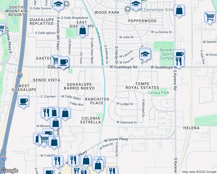 map of restaurants, bars, coffee shops, grocery stores, and more near 1047 West Vaughn Street in Tempe