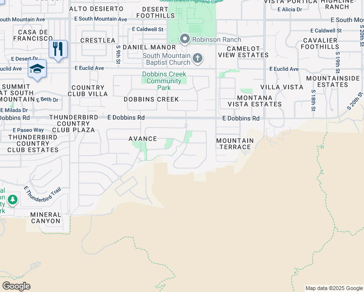 map of restaurants, bars, coffee shops, grocery stores, and more near 9410 South 13th Place in Phoenix
