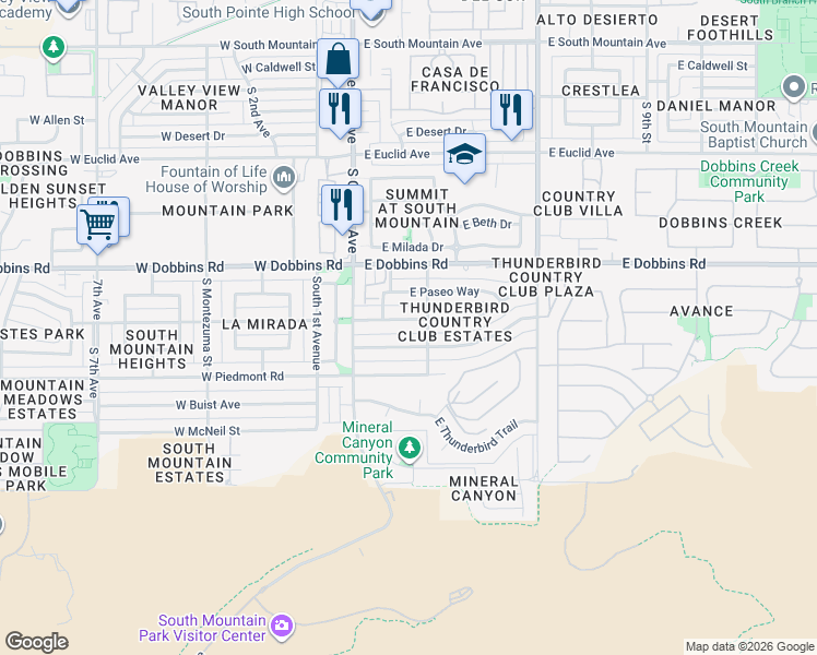 map of restaurants, bars, coffee shops, grocery stores, and more near 121 East La Mirada Drive in Phoenix