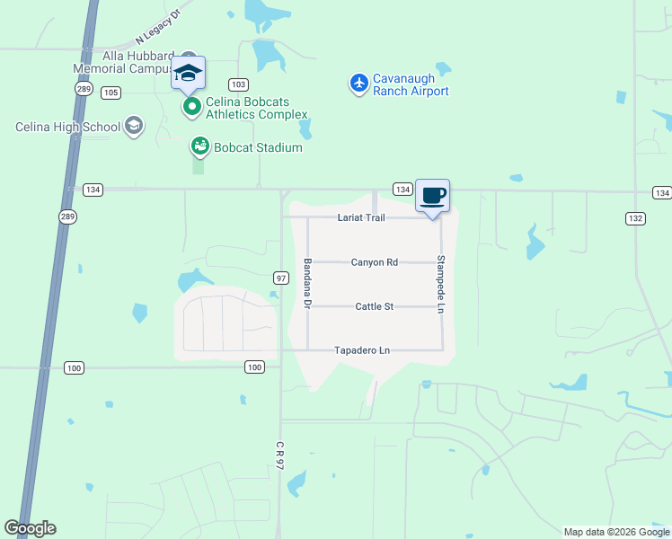 map of restaurants, bars, coffee shops, grocery stores, and more near 1897 Canyon Road in Celina