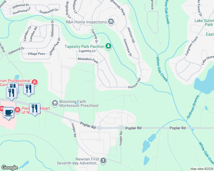 map of restaurants, bars, coffee shops, grocery stores, and more near 80 Horizon Hill in Newnan