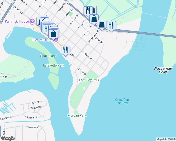 map of restaurants, bars, coffee shops, grocery stores, and more near 102 East Bay Street in Georgetown