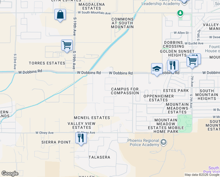 map of restaurants, bars, coffee shops, grocery stores, and more near 1625 West Dobbins Road in Phoenix